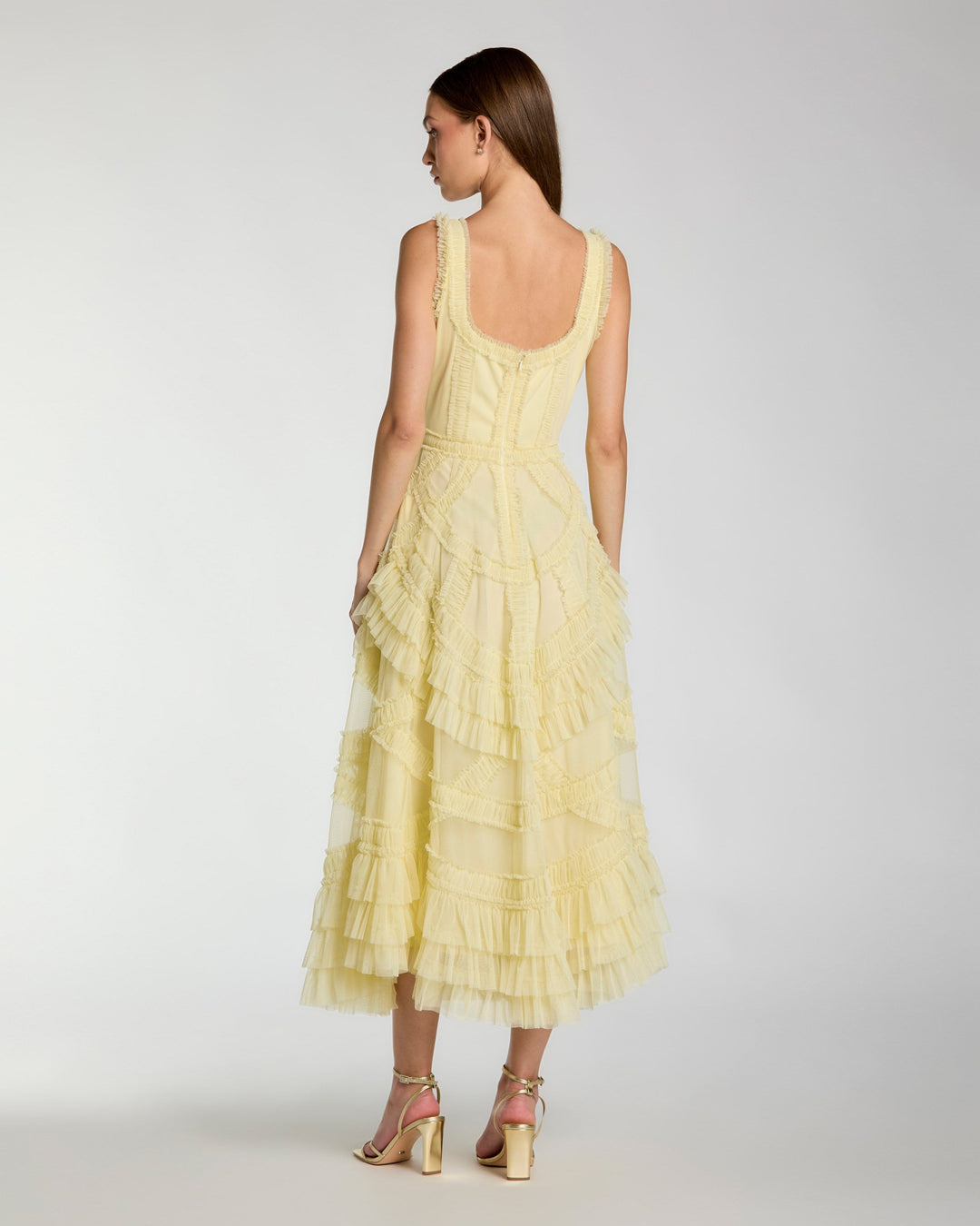 Yellow Scoop Neck Sleeveless Micro Ruffle Midi Dress - FOSTANI.com