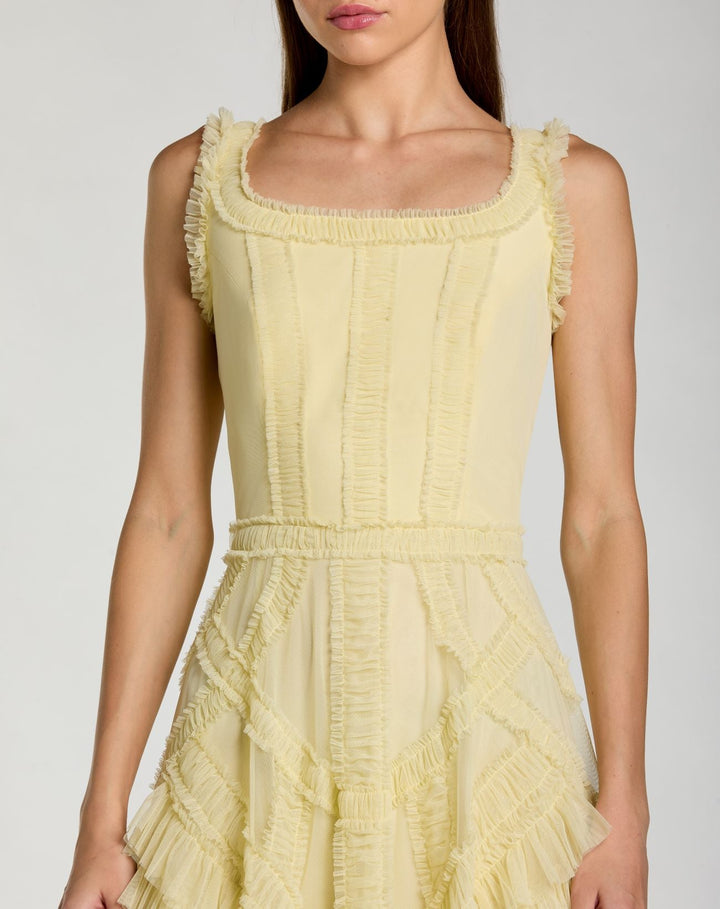 Yellow Scoop Neck Sleeveless Micro Ruffle Midi Dress - FOSTANI.com