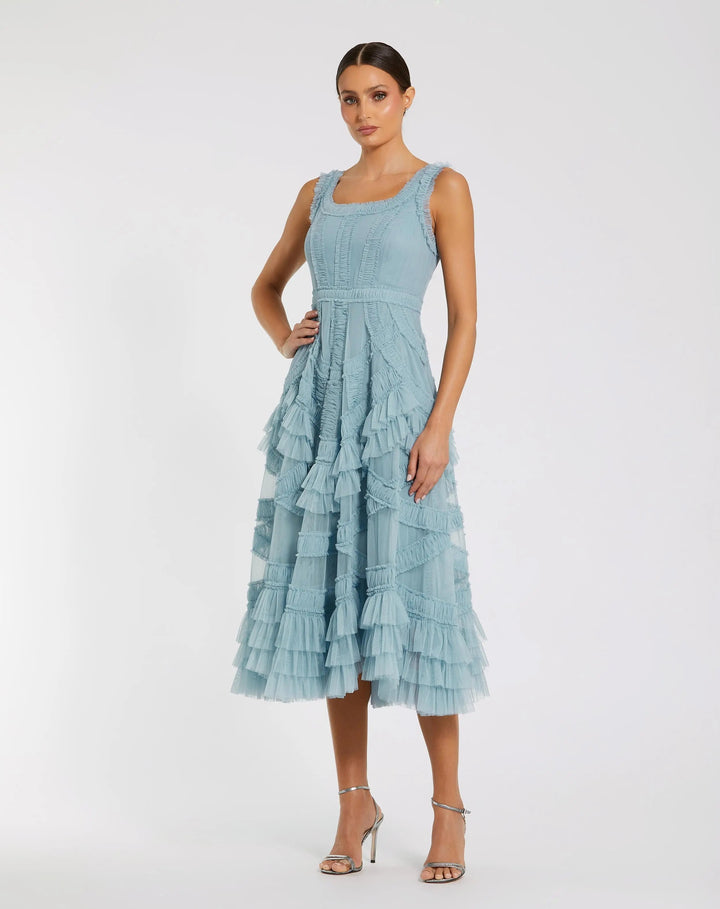 Blue Scoop Neck Sleeveless A-Line Ruffle Midi Dress - FOSTANI.com