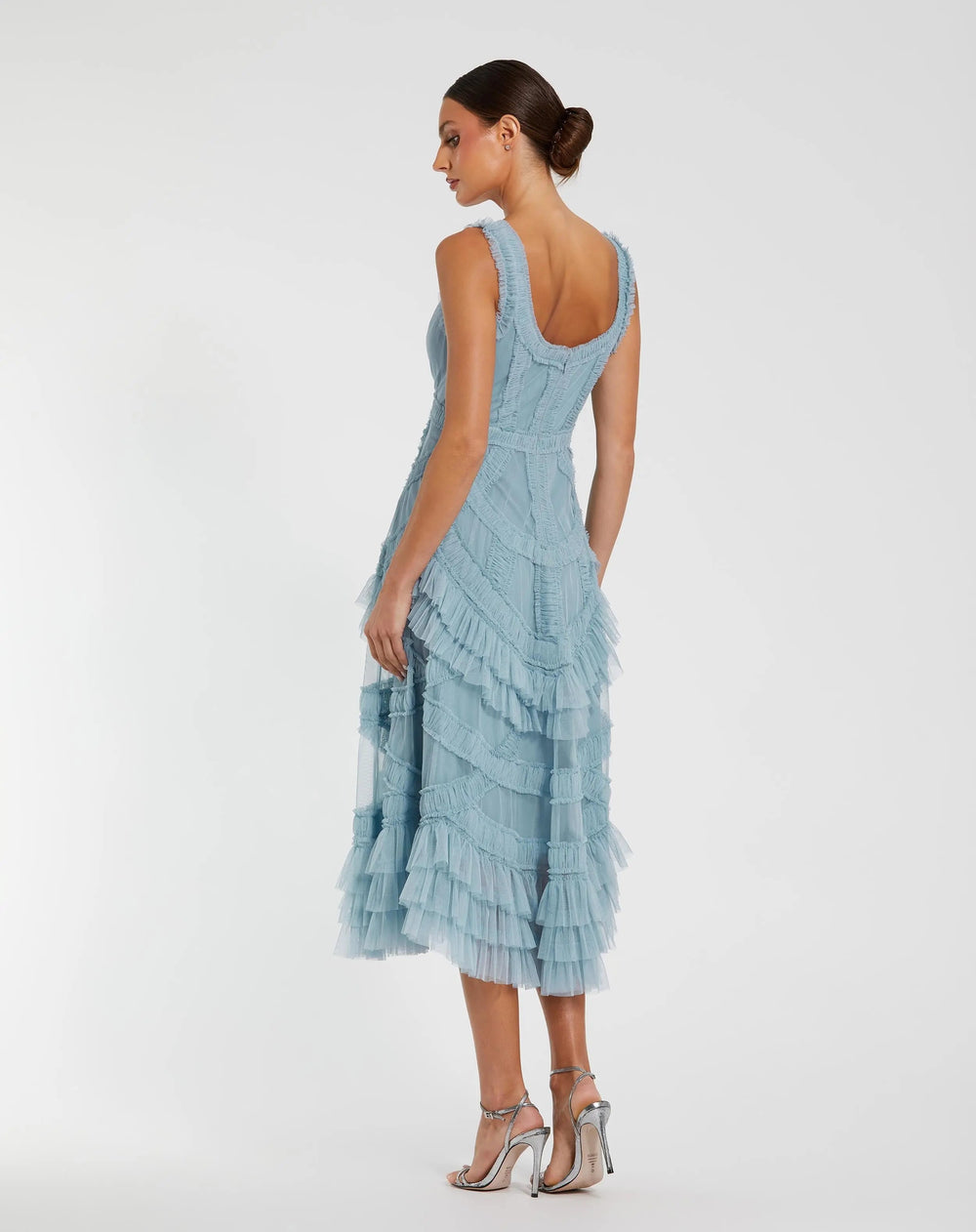 Blue Scoop Neck Sleeveless A-Line Ruffle Midi Dress - FOSTANI.com