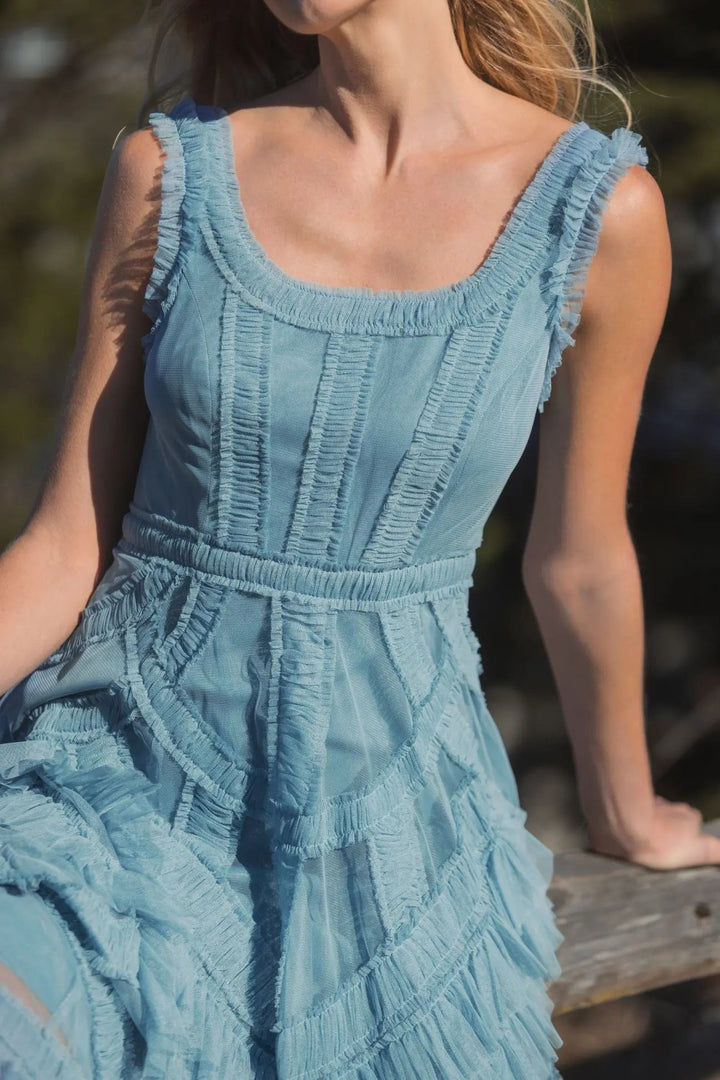 Blue Scoop Neck Sleeveless A-Line Ruffle Midi Dress - FOSTANI.com