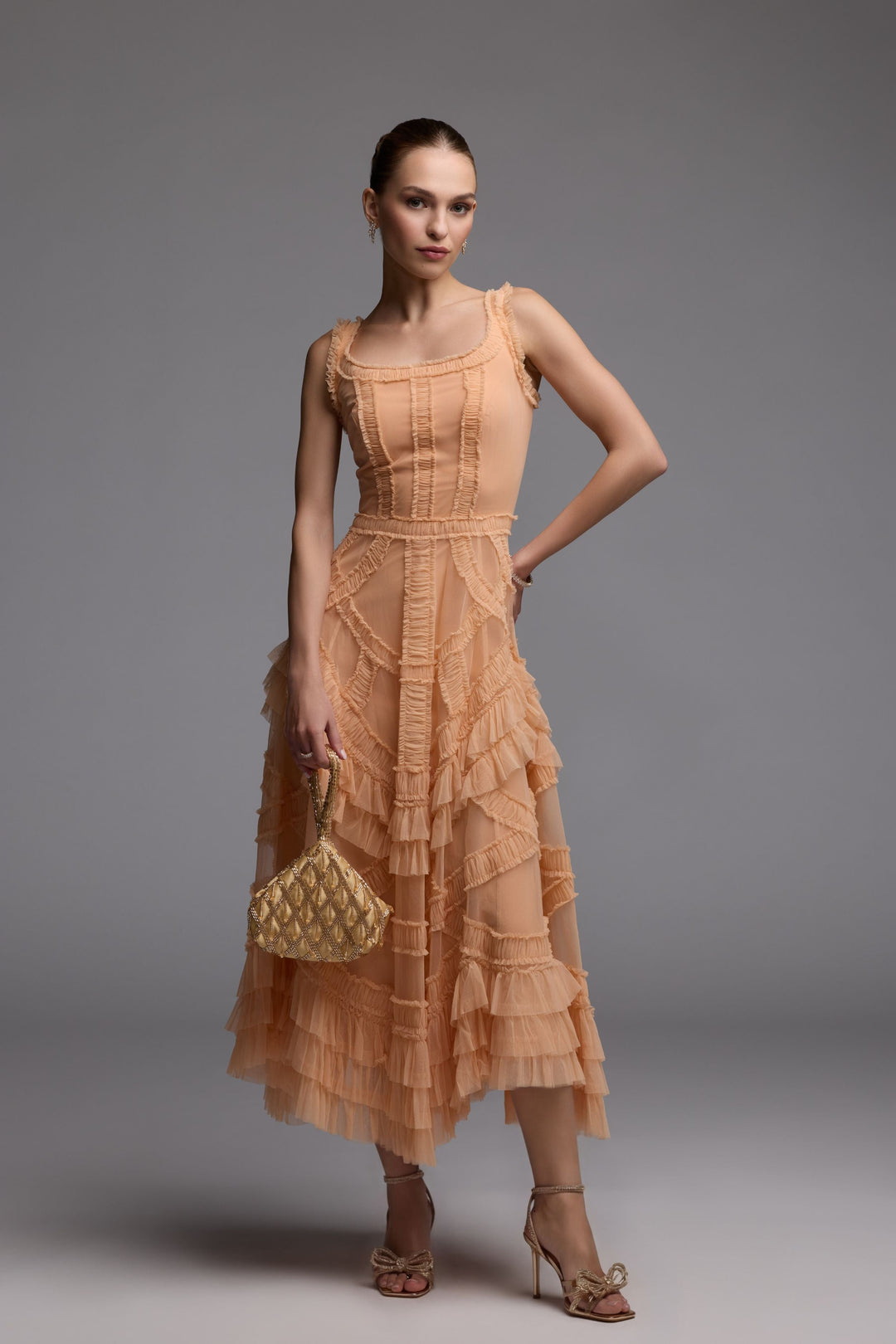 Orange Scoop Neck Sleeveless Micro Ruffle Midi Dress - FOSTANI.com