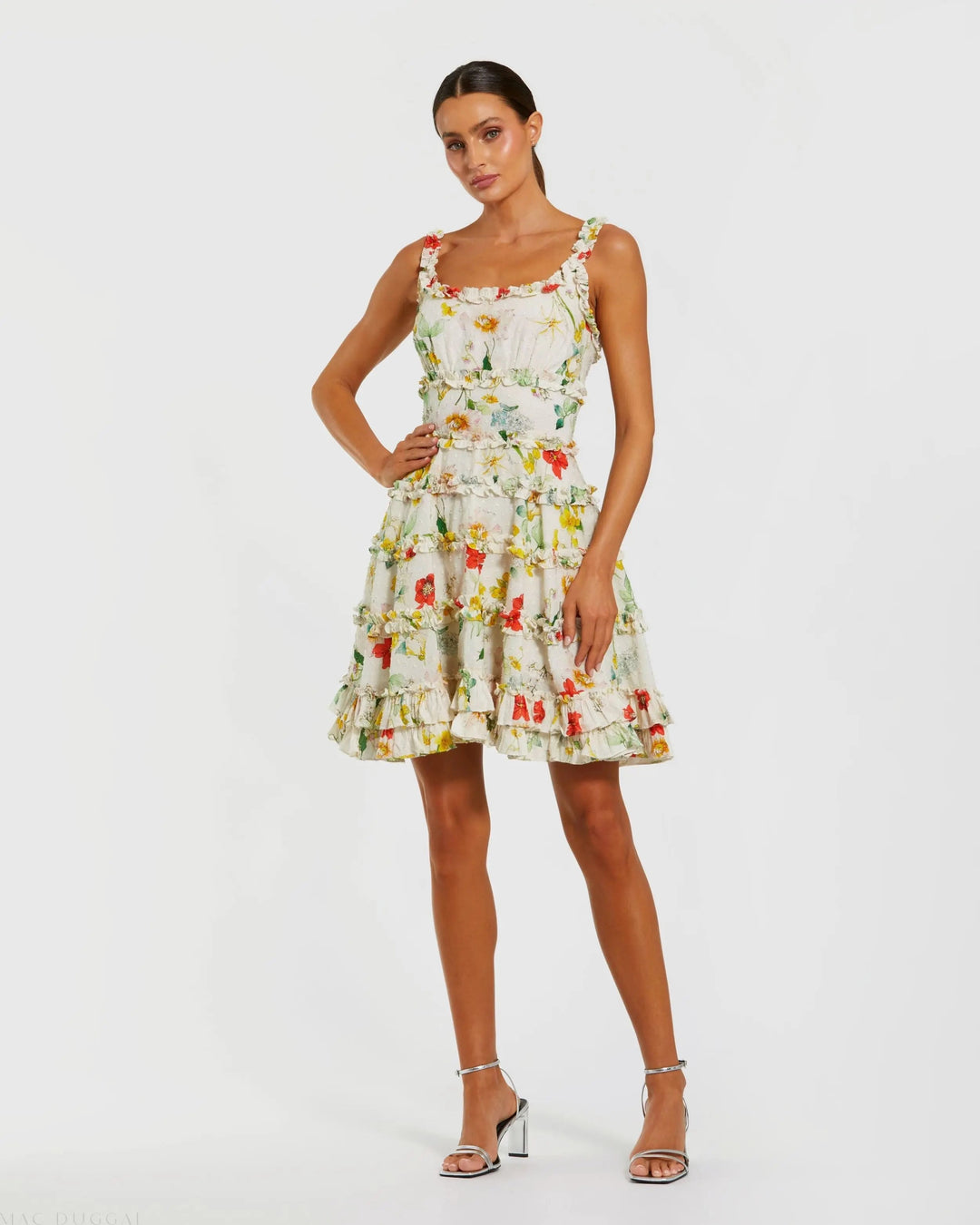 Ivory Floral Square Neck Ruffle Mini Dress - FOSTANI.com