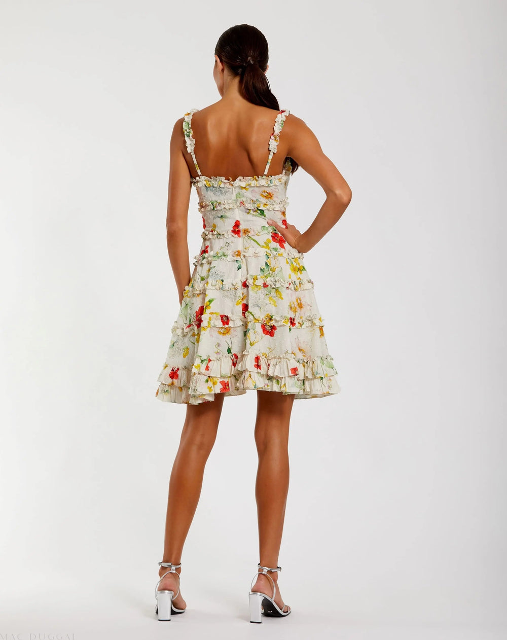 Ivory Floral Square Neck Ruffle Mini Dress - FOSTANI.com