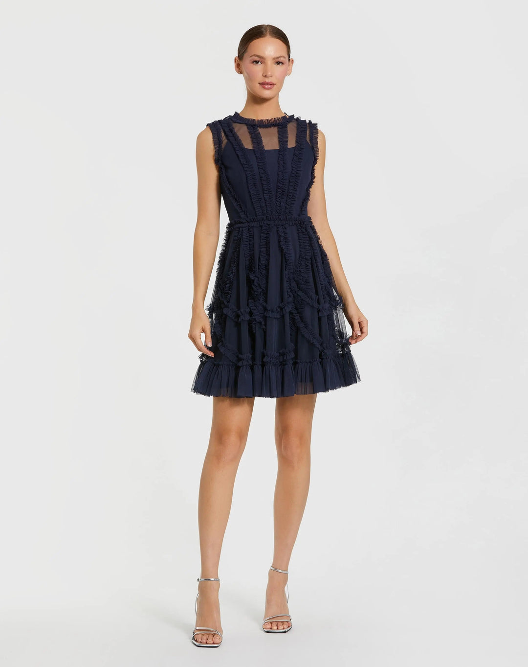 Navy High Neck Sleeveless Micro Ruffle Mini Dress - FOSTANI.com