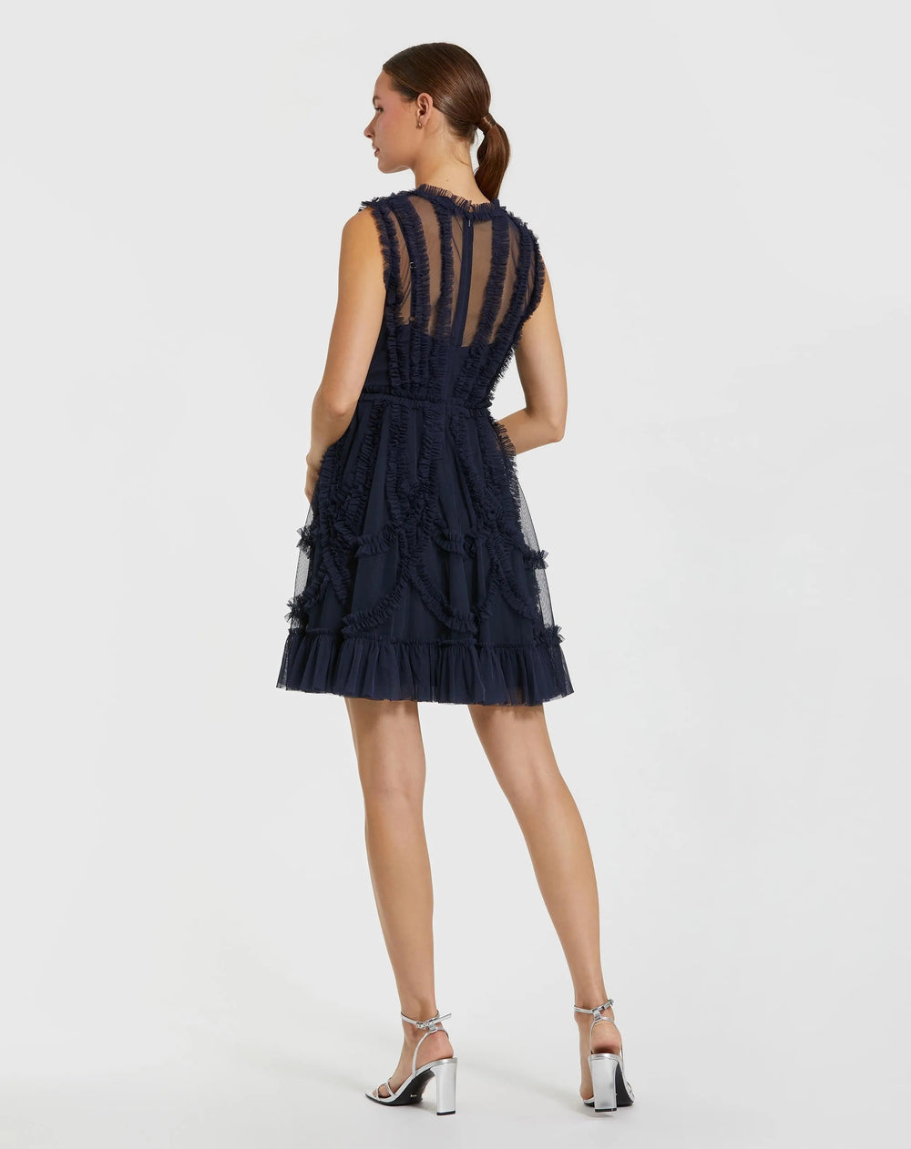 Navy High Neck Sleeveless Micro Ruffle Mini Dress - FOSTANI.com
