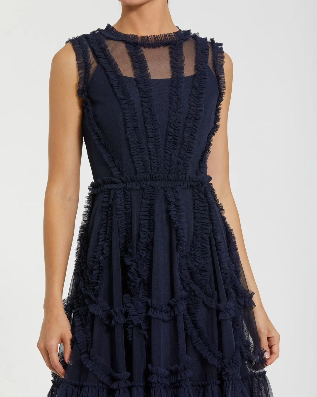 Navy High Neck Sleeveless Micro Ruffle Mini Dress - FOSTANI.com