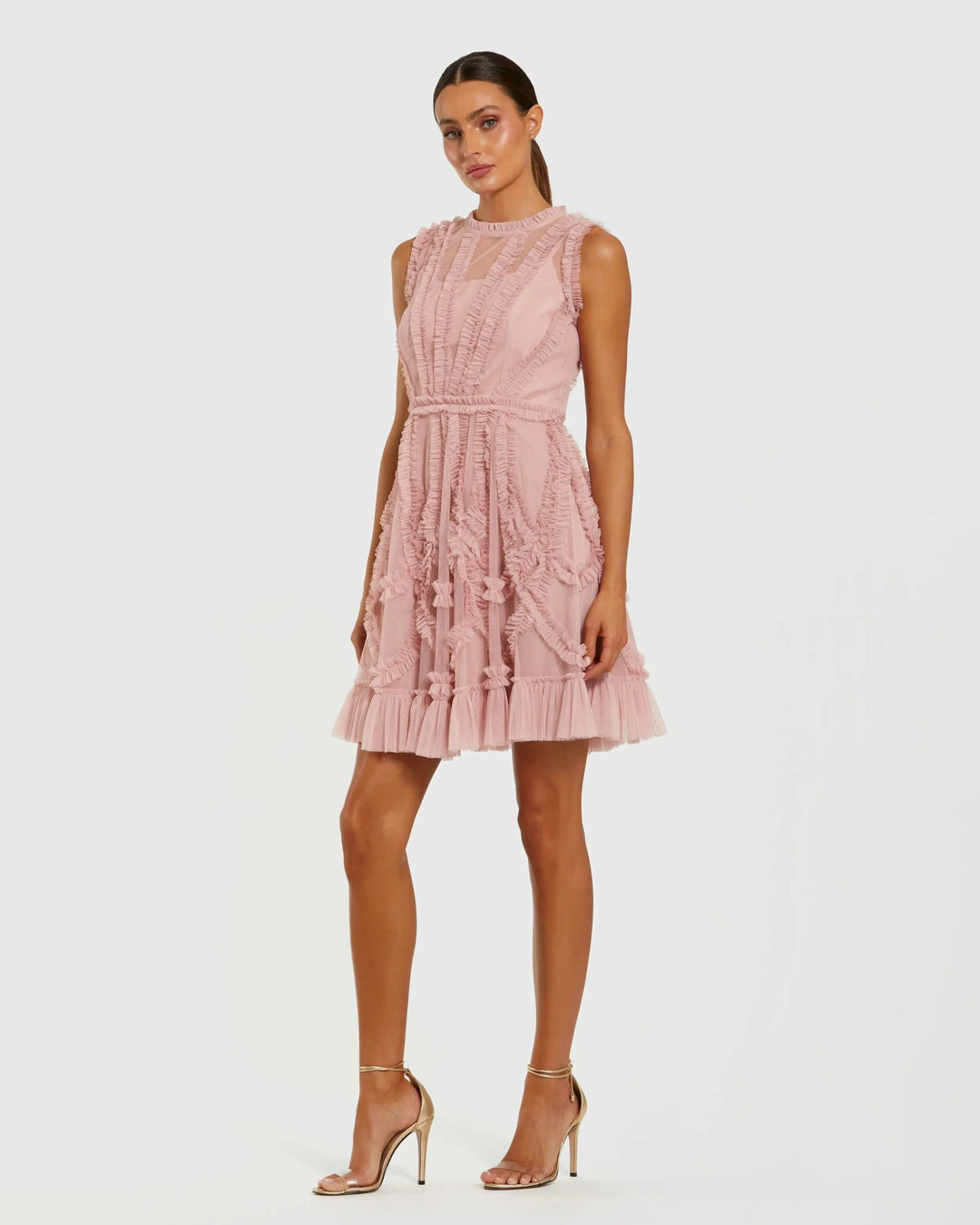 Pink High Neck Sleeveless Micro Ruffle Mini Dress - FOSTANI.com
