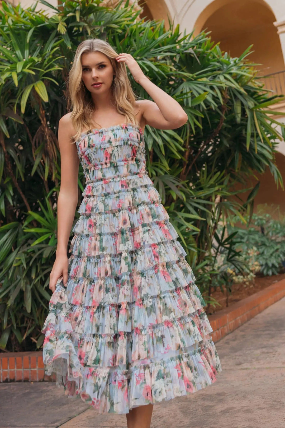 Blue Floral Strapless Ruffle Maxi Dress - FOSTANI.com