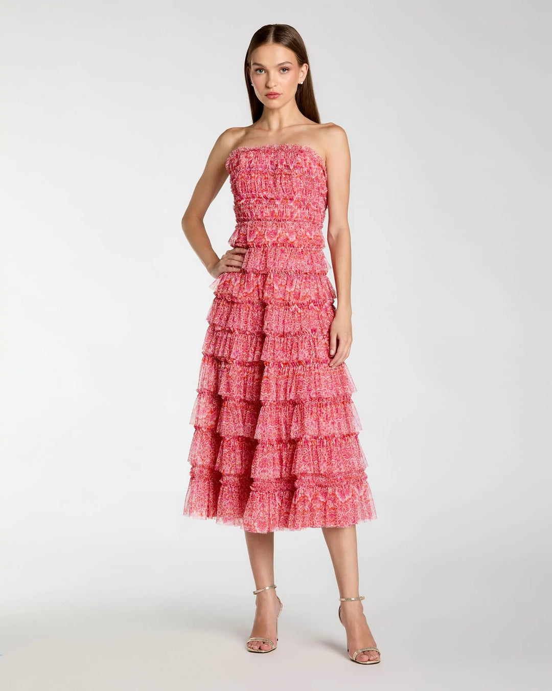 Pink Floral Strapless Ruffle Maxi Dress - FOSTANI.com
