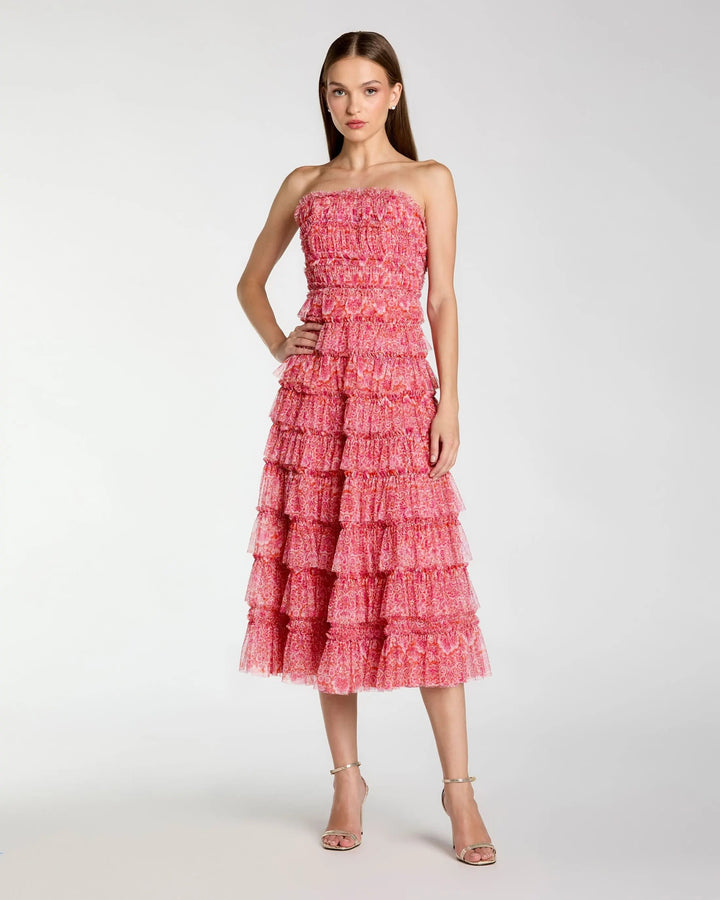 Pink Floral Strapless Ruffle Maxi Dress - FOSTANI.com