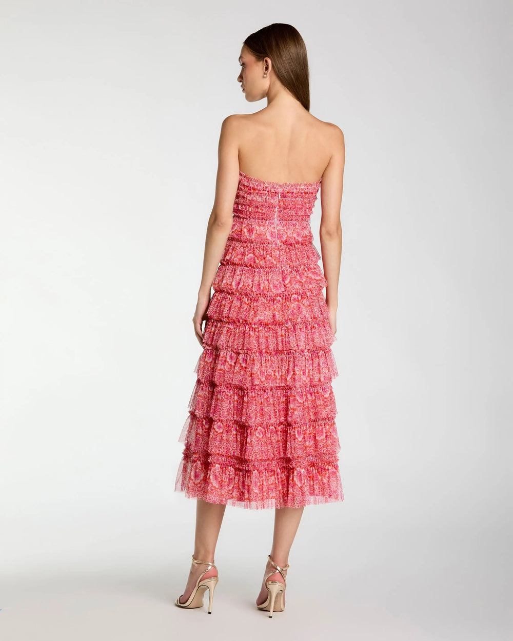 Pink Floral Strapless Ruffle Maxi Dress - FOSTANI.com