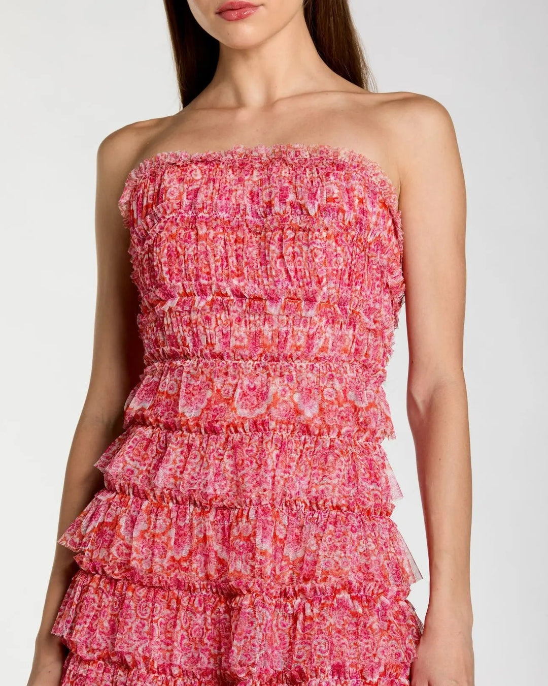 Pink Floral Strapless Ruffle Maxi Dress - FOSTANI.com