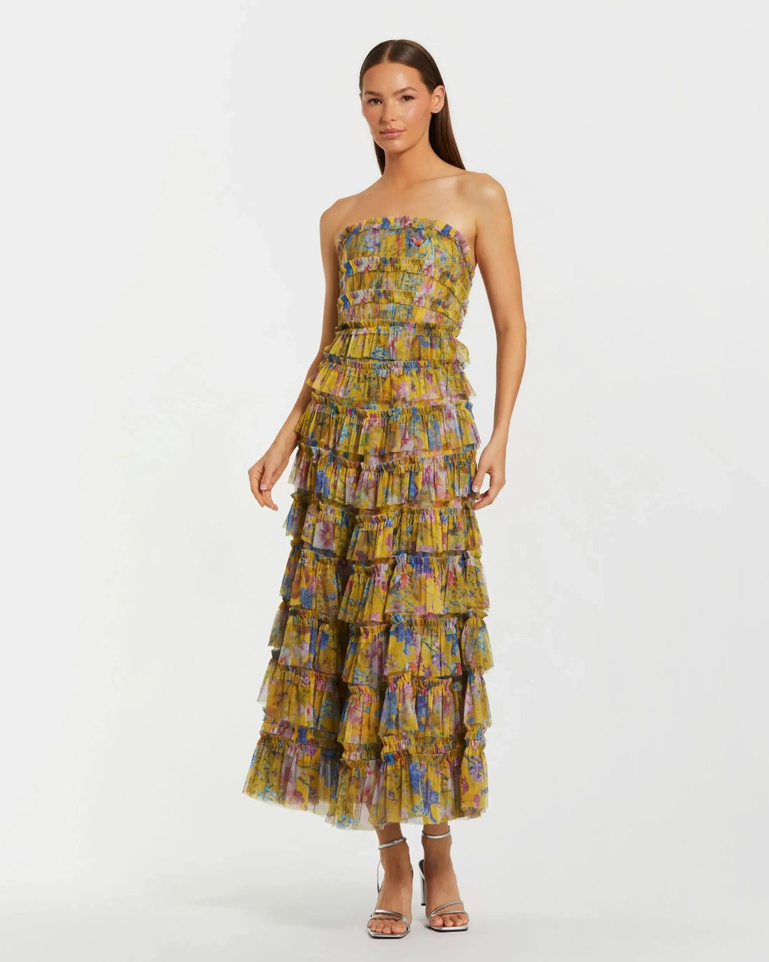 Yellow Floral Strapless Ruffle Maxi Dress - FOSTANI.com