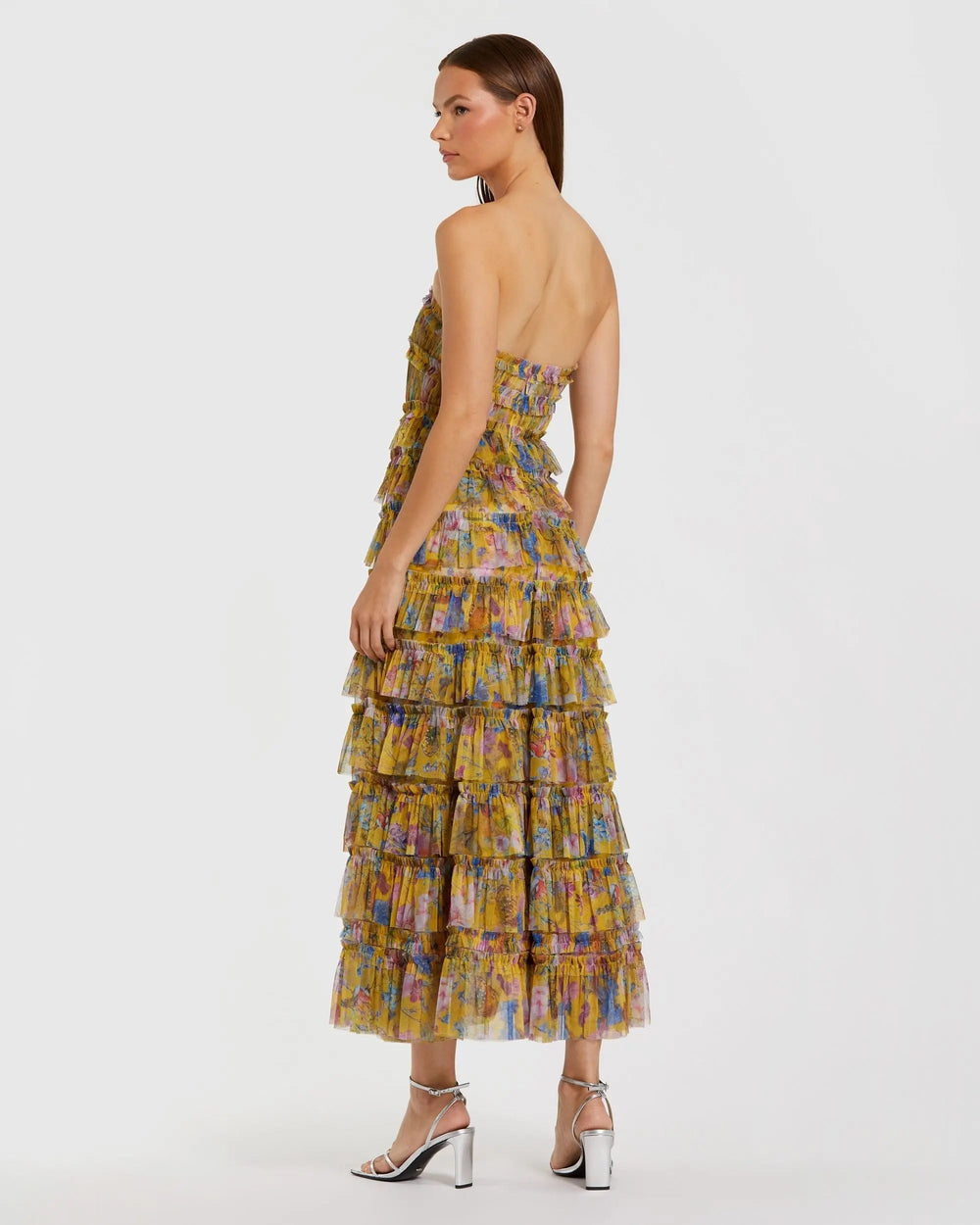 Yellow Floral Strapless Ruffle Maxi Dress - FOSTANI.com