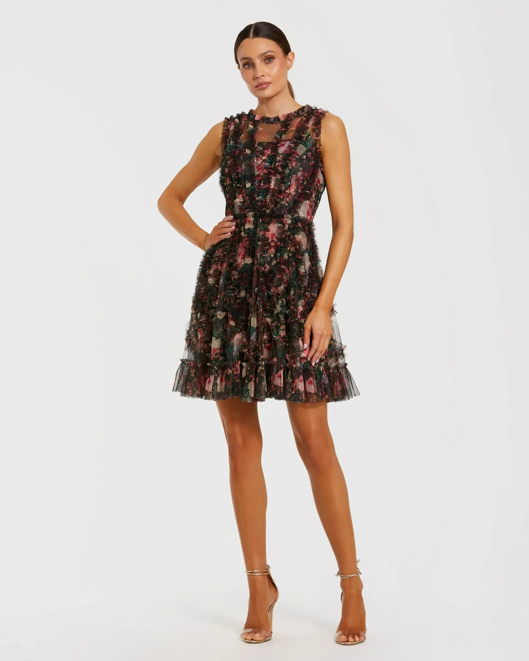 Black Multicolor Micro Ruffle Floral A-Line Mini Dress - FOSTANI.com