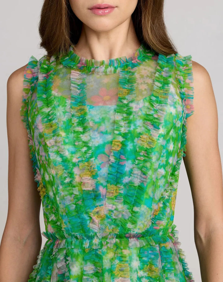 Green Multicolor Micro Ruffle Floral A-Line Mini Dress - FOSTANI.com