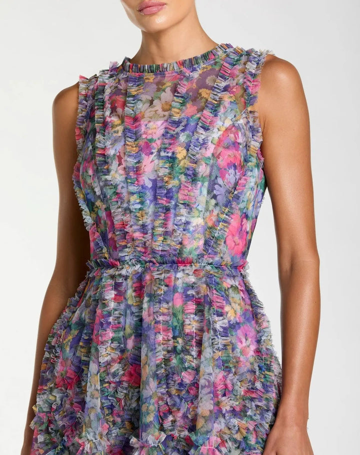 Purple Multicolor Micro Ruffle Floral A-Line Mini Dress - FOSTANI.com