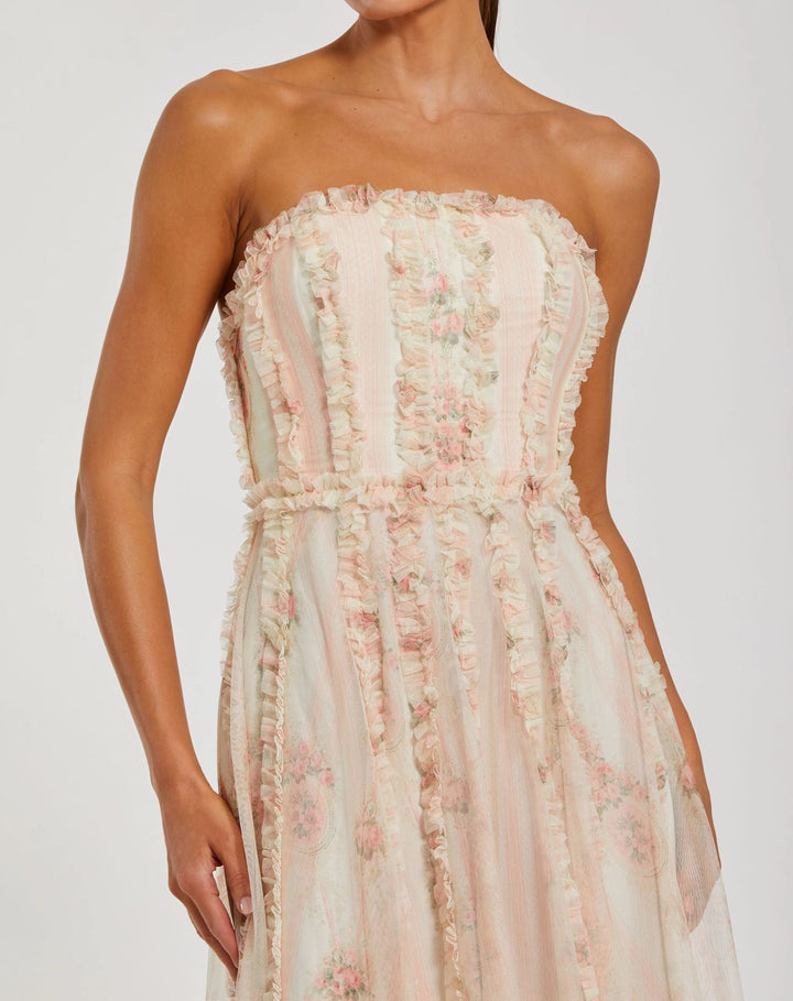 Pink and White Strapless Floral Ruffle Dress - FOSTANI.com