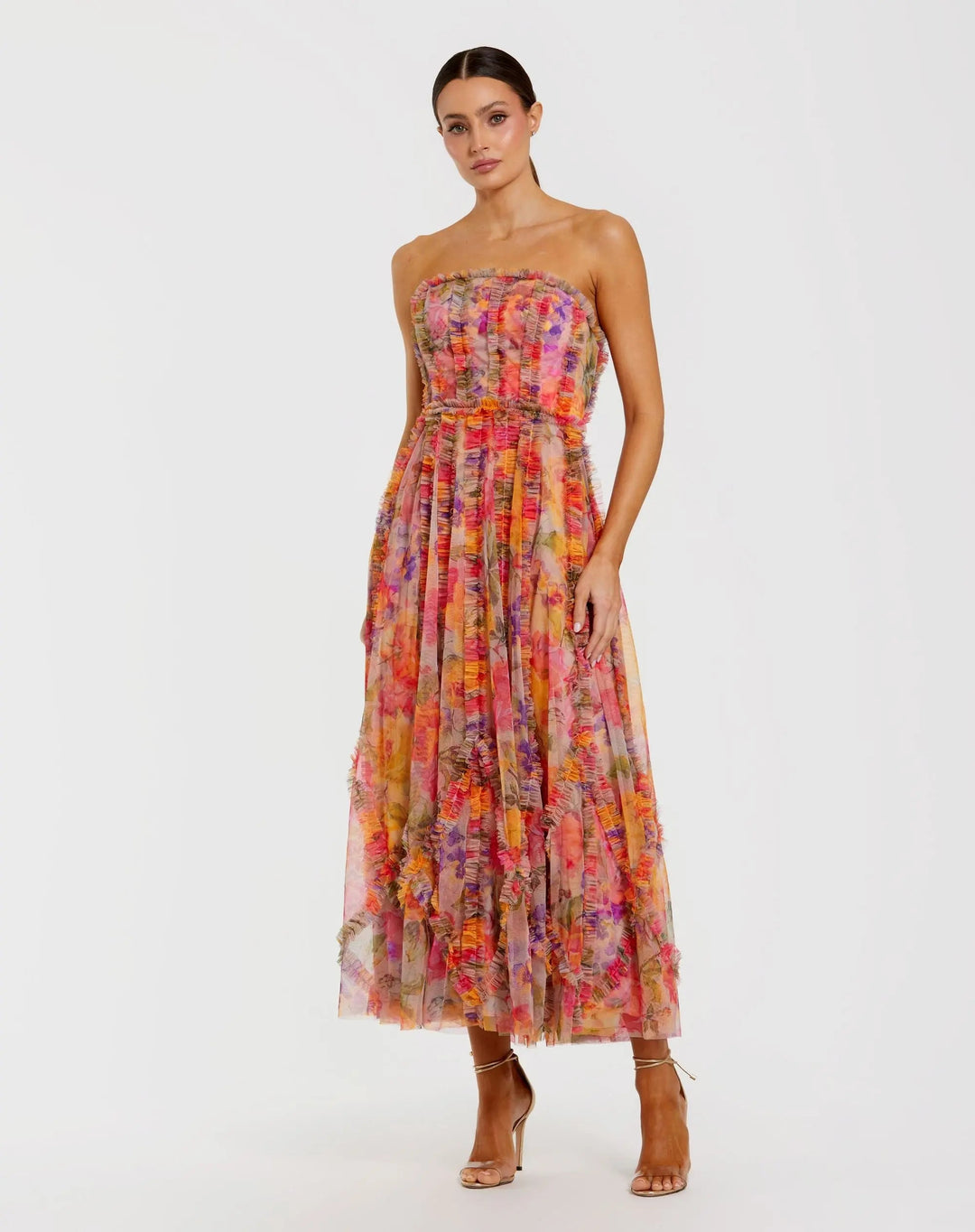 Multicolor Strapless Floral Ruffle Dress - FOSTANI.com