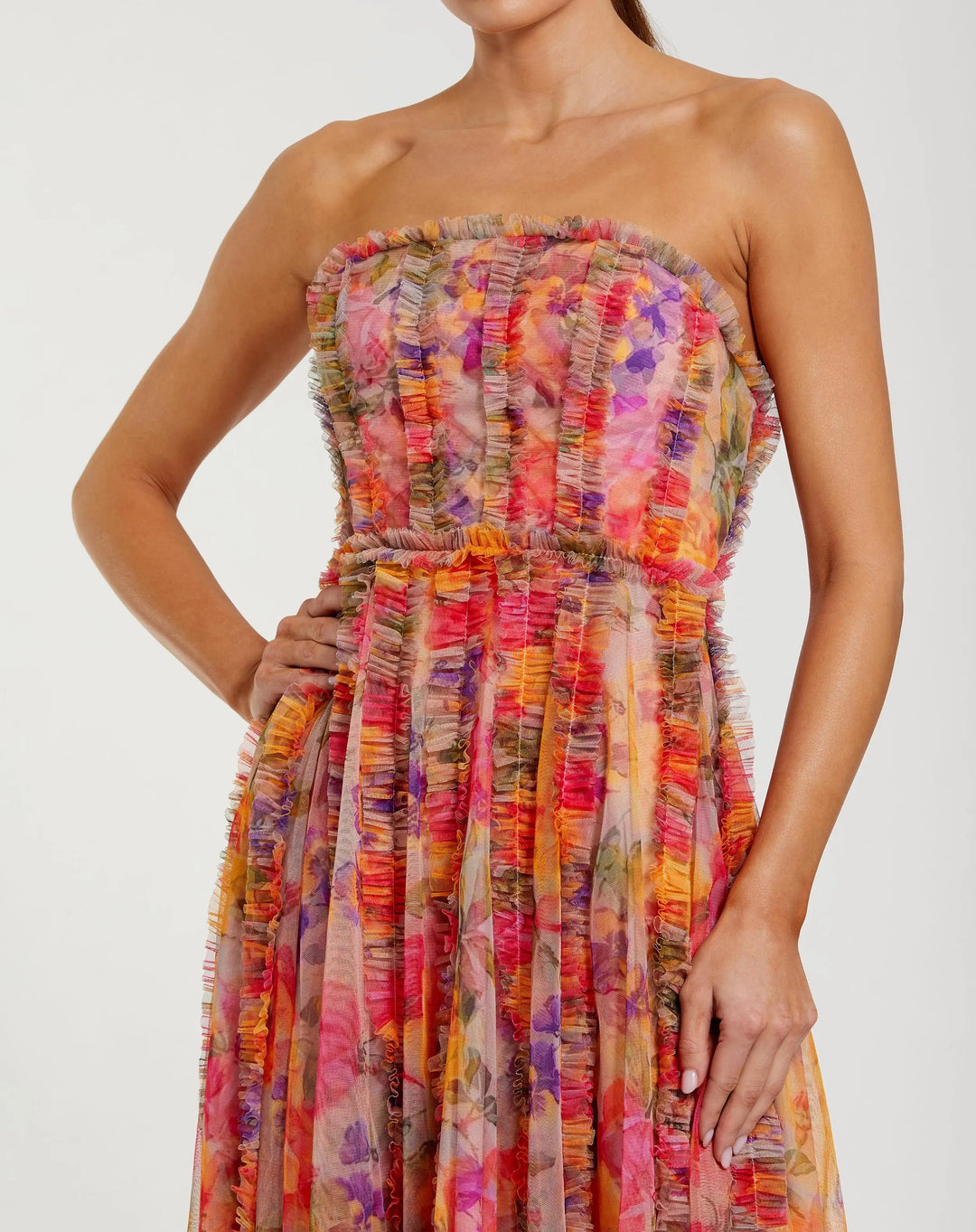 Multicolor Strapless Floral Ruffle Dress - FOSTANI.com