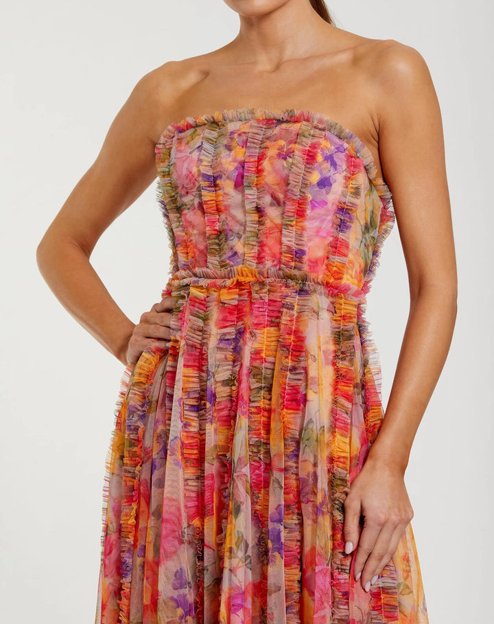 Multicolor Strapless Floral Ruffle Dress - FOSTANI.com