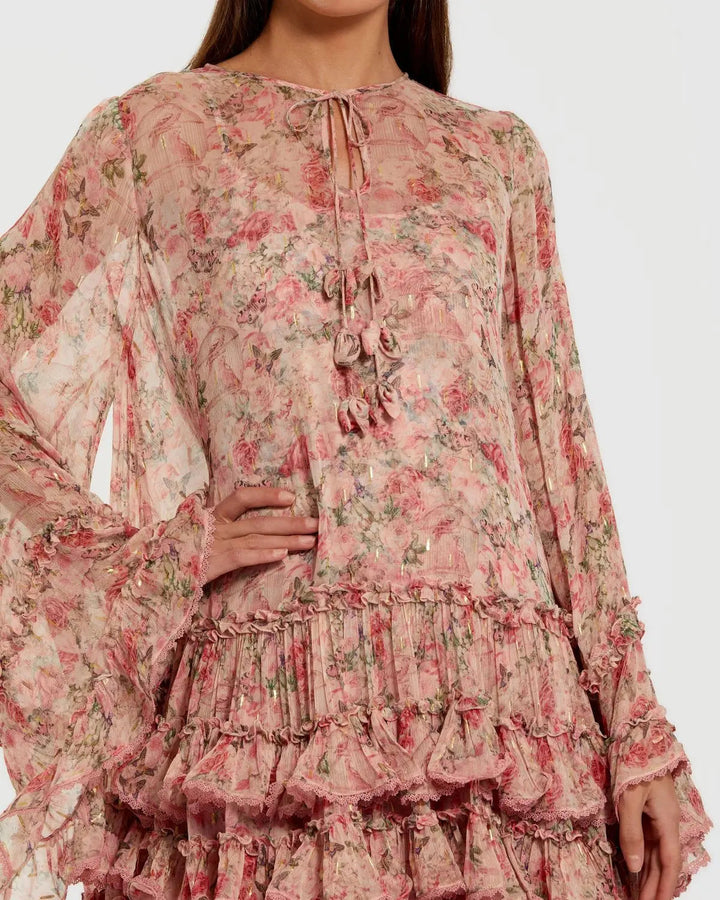 Mac Duggal 8336 Floral Long Sleeve Ruffle Mini Dress