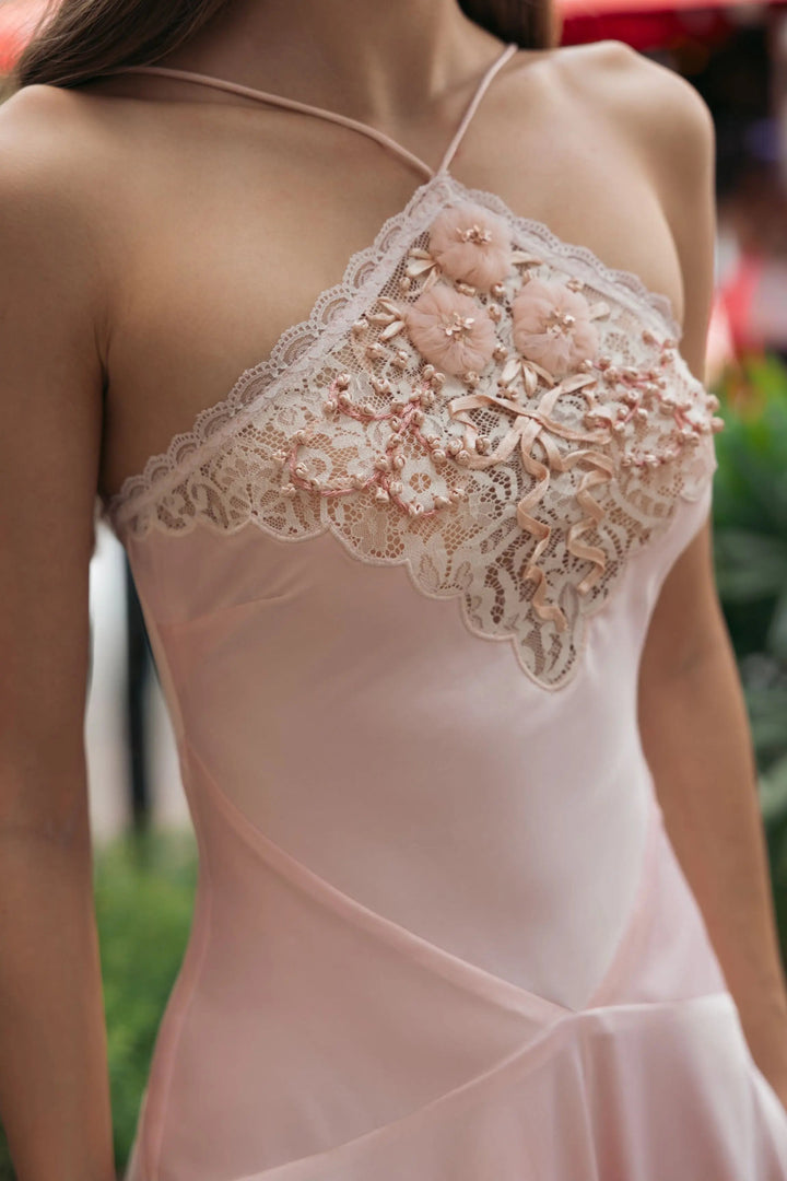 Light Pink Lace Trim Handkerchief Midi Dress - FOSTANI.com