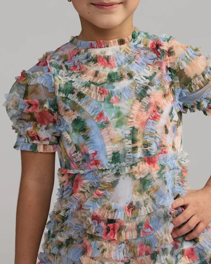Mac Duggal 8495 Girls Blue Floral Ruffle Puff Sleeve Dress