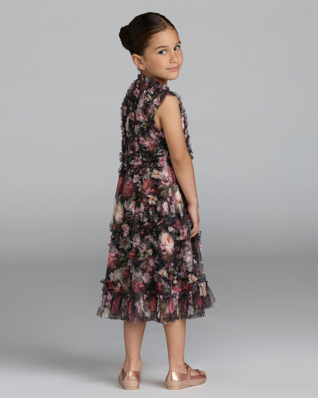 Mac Duggal 8504 Girls Black Floral High Neck Ruffle Dress