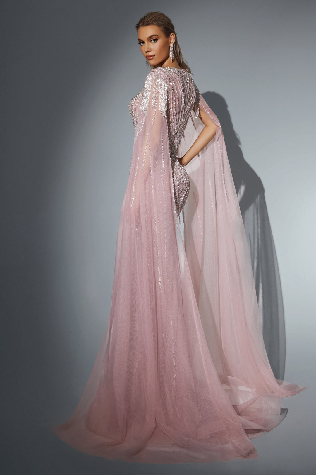 Delilah HM329 Plunging Sweetheart Beaded Mermaid Gown with Crystal Fringe Straps and Cape Sleeves - Pink back view