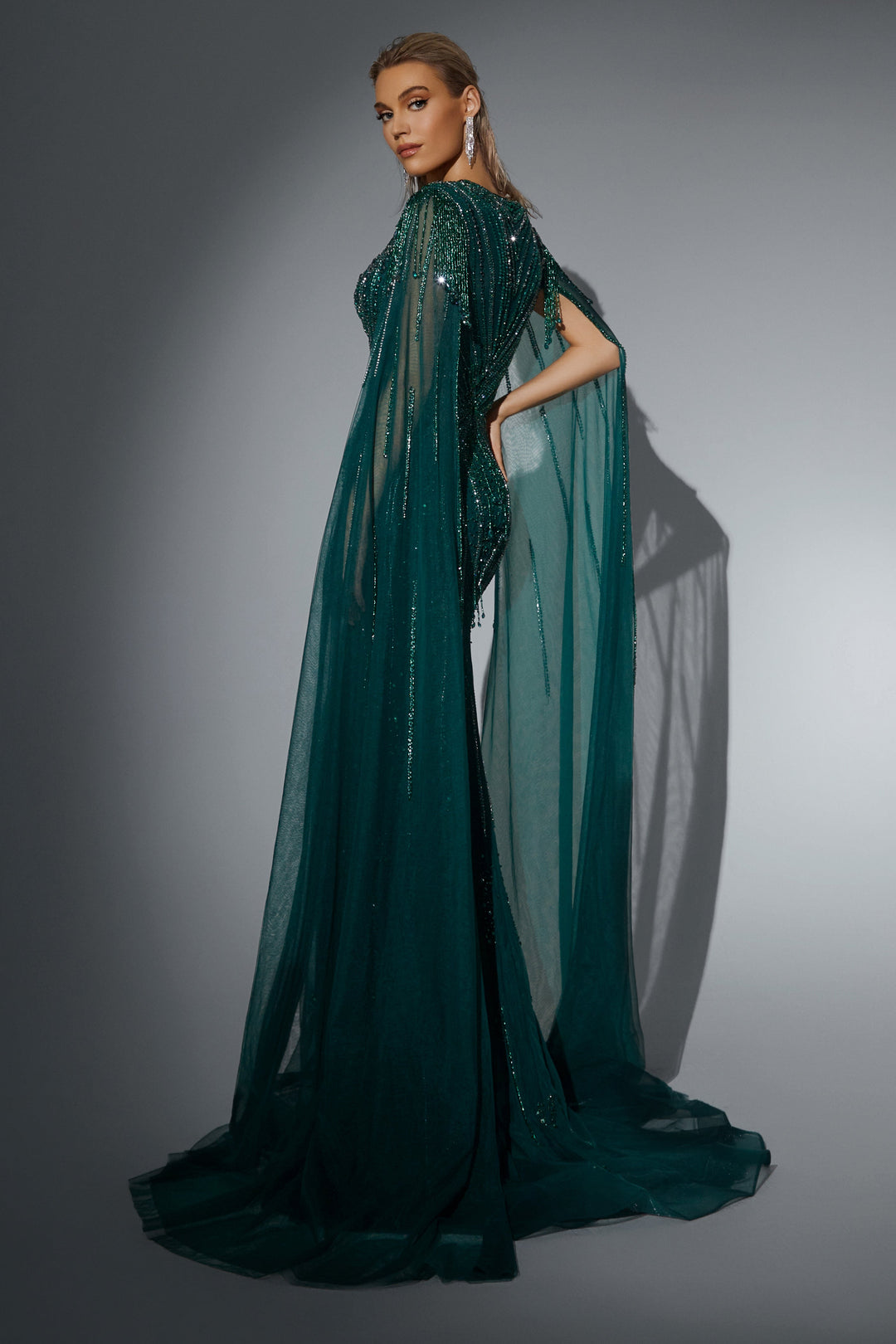 Delilah HM329 Plunging Sweetheart Beaded Mermaid Gown with Crystal Fringe Straps and Cape Sleeves - Emerald back view