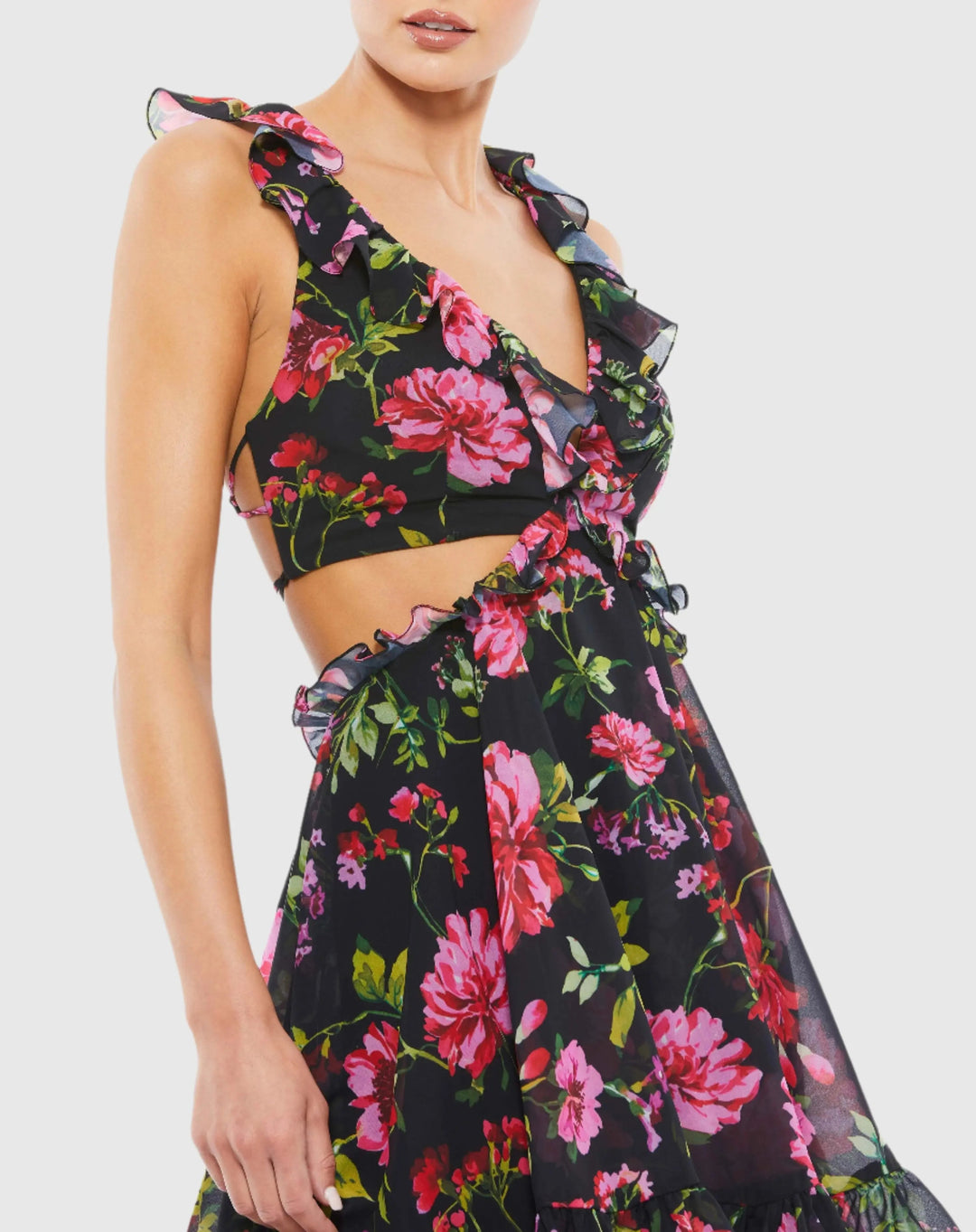 Mac Duggal 9155 Ruffle Cut Out Lace Up Flowy Mini Dress