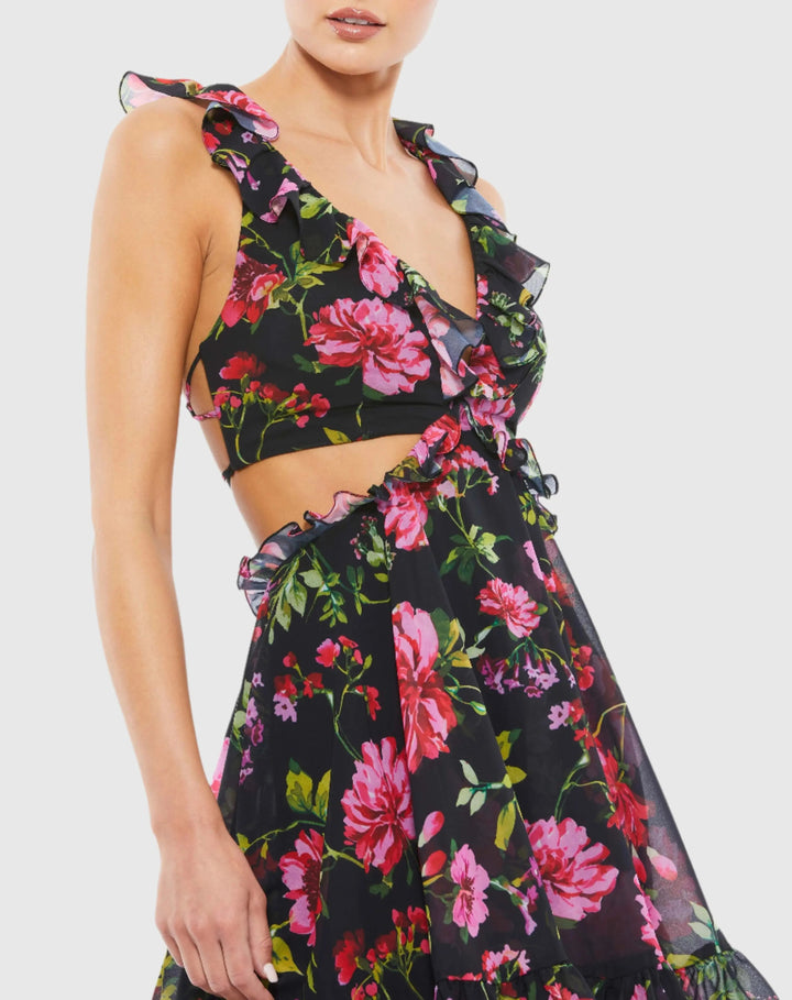 Mac Duggal 9155 Ruffle Cut Out Lace Up Flowy Mini Dress