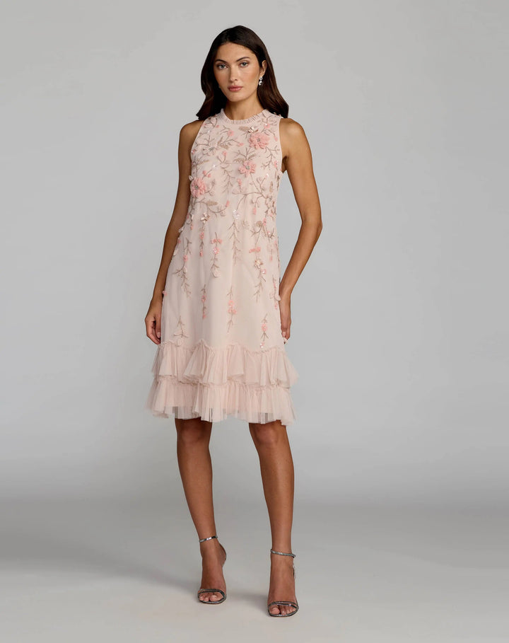 Pink Embellished Ruffle Tiered High Neck Floral Dress - FOSTANI.com