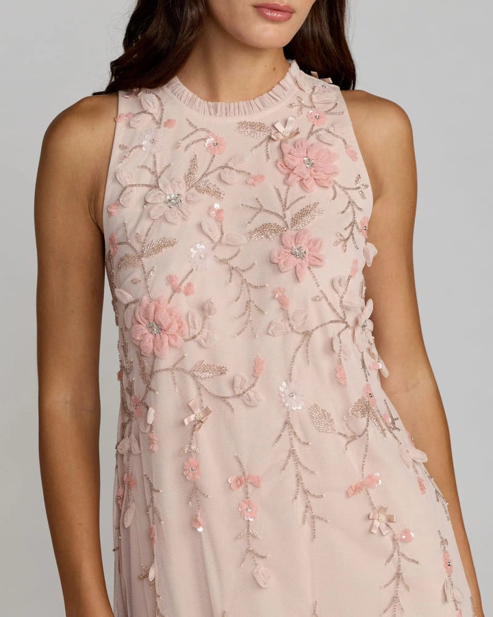 Pink Embellished Ruffle Tiered High Neck Floral Dress - FOSTANI.com