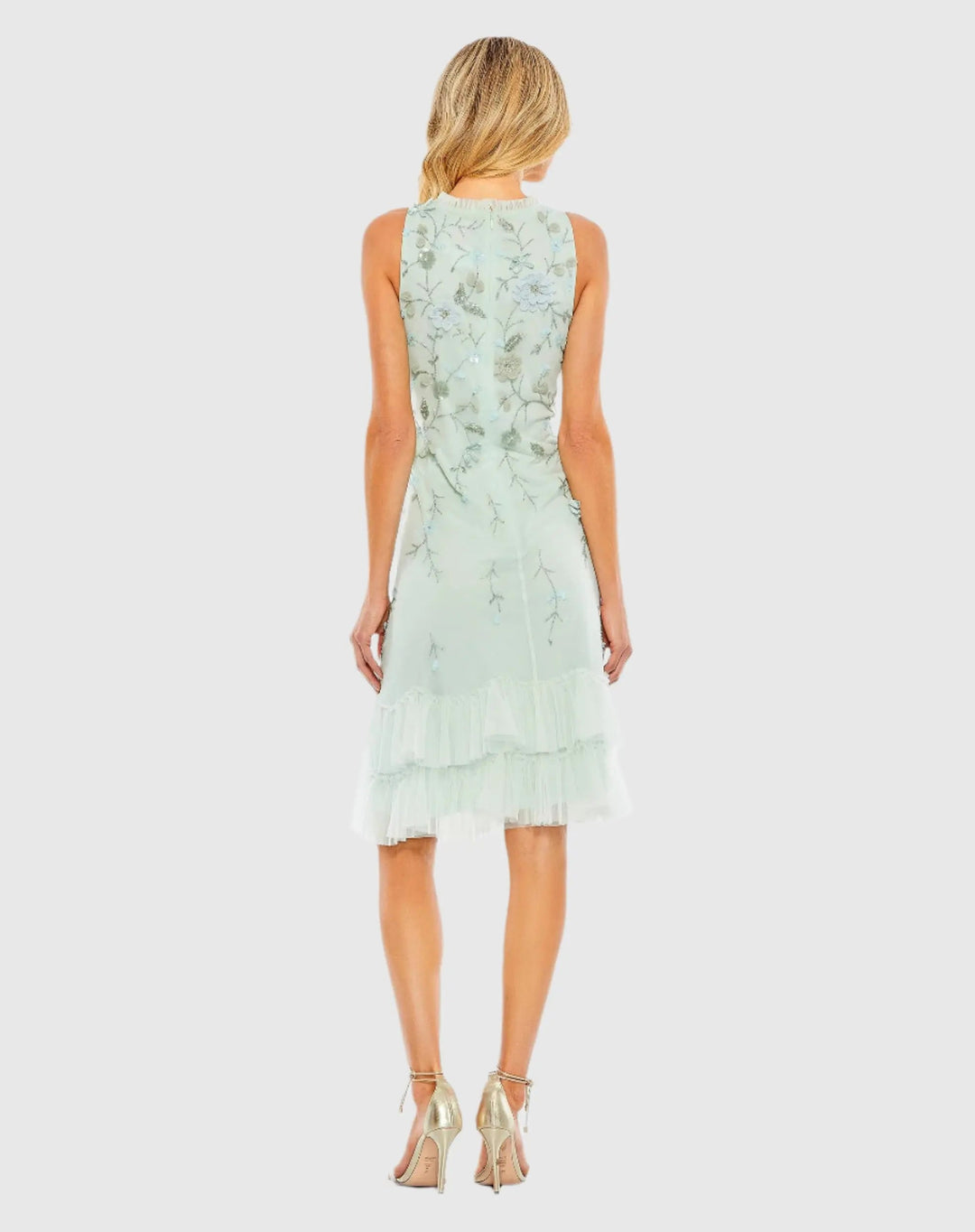 Green Embellished Ruffle Tiered High Neck Floral Dress - FOSTANI.com