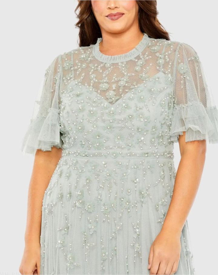 Mac Duggal 9227 Embellished Flutter Sleeve Ruffle Tiered Gown