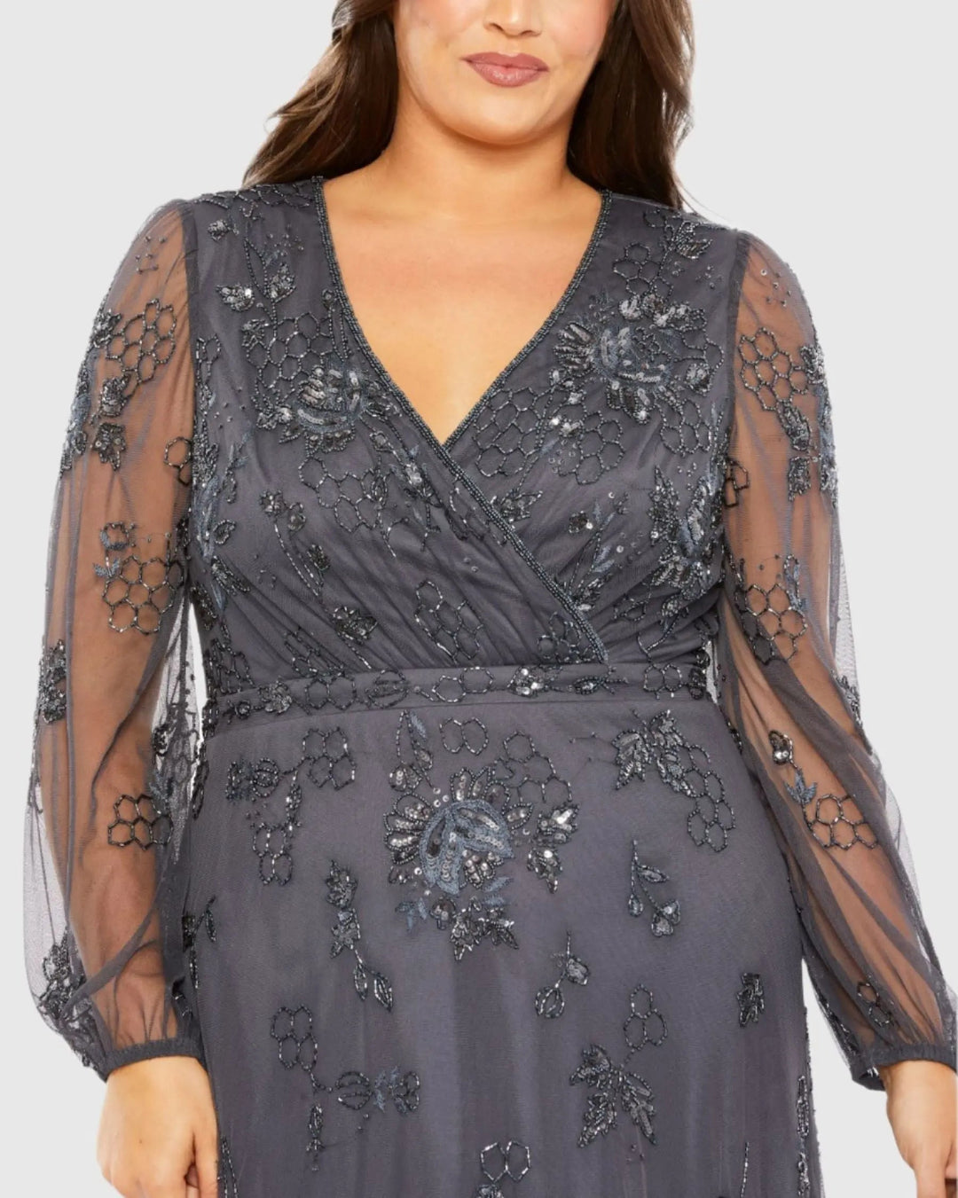 Mac Duggal 9247 Gray Long Sleeve Embellished V-Neck Gown (Plus)