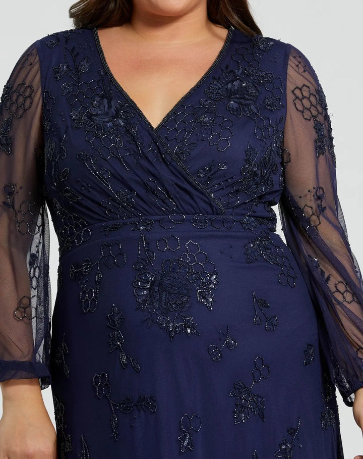 Mac Duggal 9247 Gray Long Sleeve Embellished V-Neck Gown (Plus)