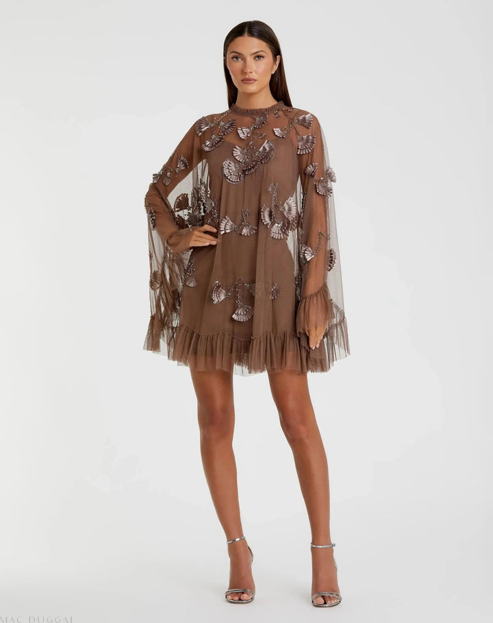 Brown Embellished Long Sleeve Trapeze Dress with Ruffle Hem - FOSTANI.com