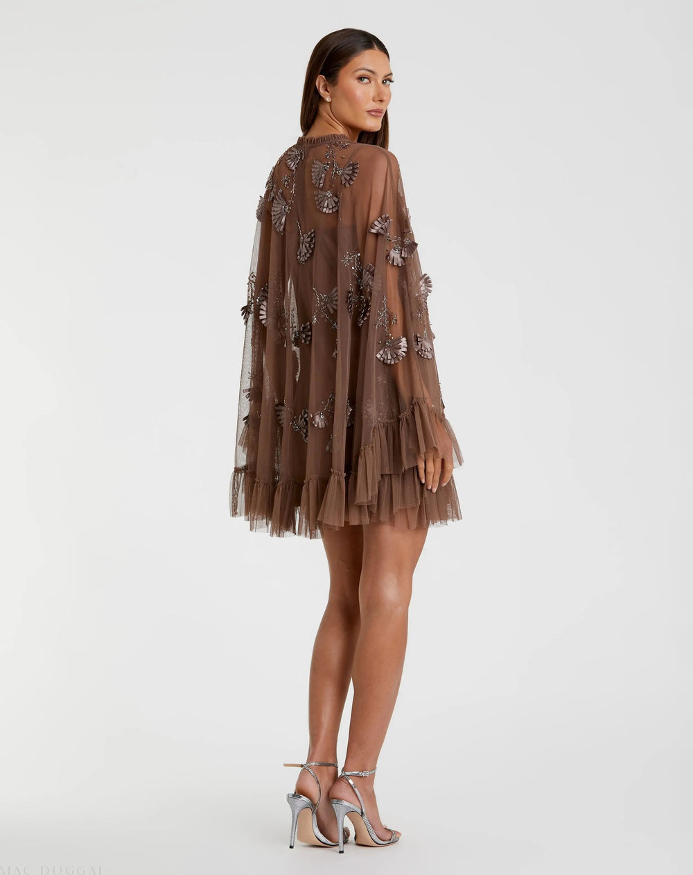 Brown Embellished Long Sleeve Trapeze Dress with Ruffle Hem - FOSTANI.com