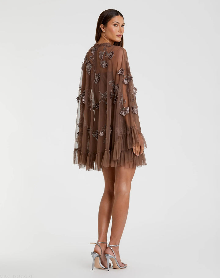 Brown Embellished Long Sleeve Trapeze Dress with Ruffle Hem - FOSTANI.com