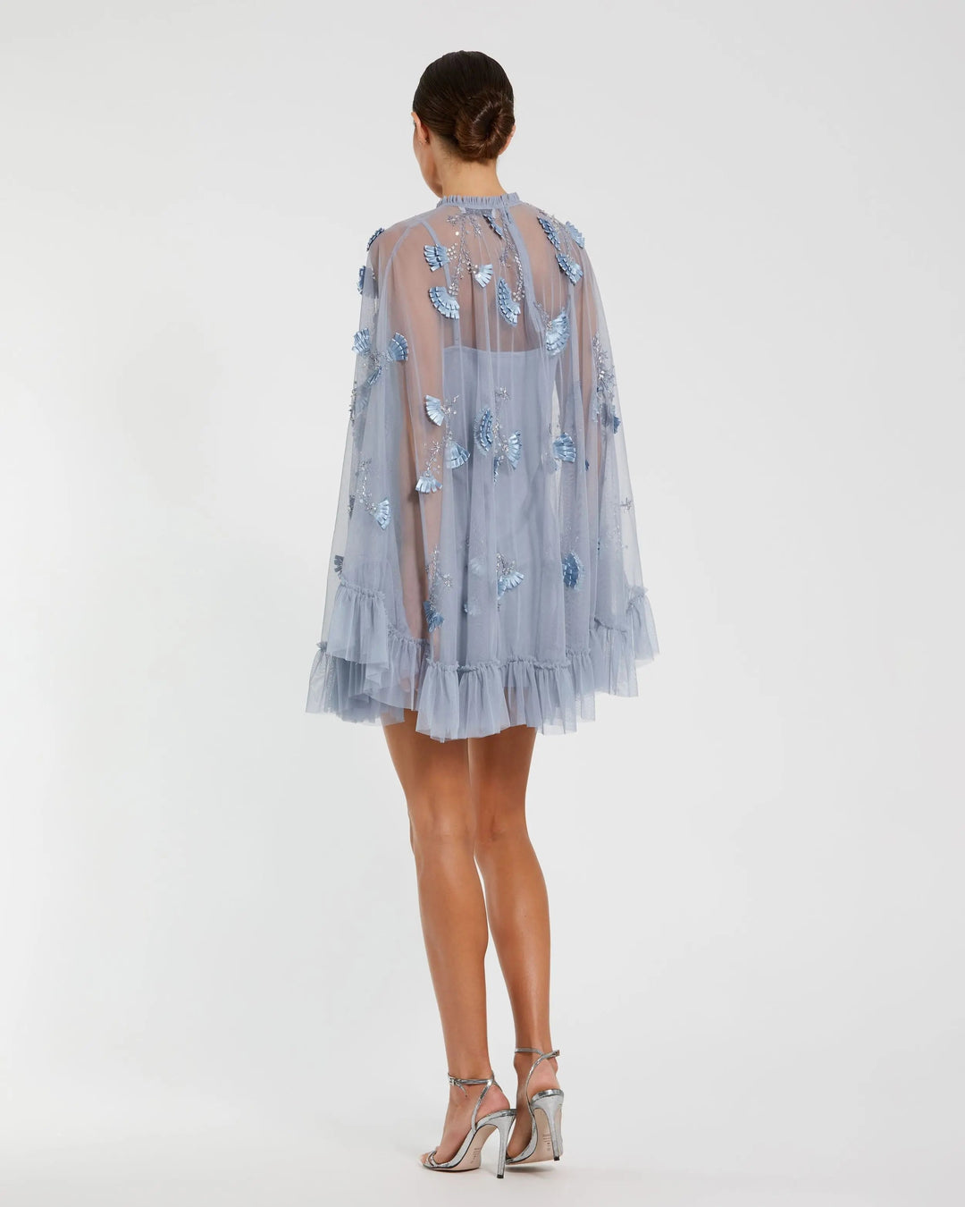 Blue Embellished Long Sleeve Trapeze Dress with Ruffle Hem - FOSTANI.com