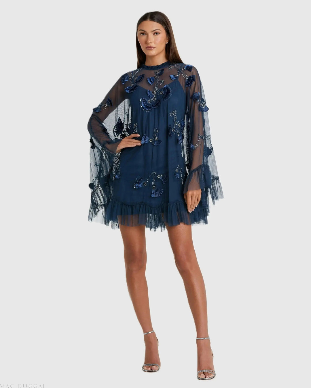 Navy Embellished Long Sleeve Trapeze Dress with Ruffle Hem - FOSTANI.com