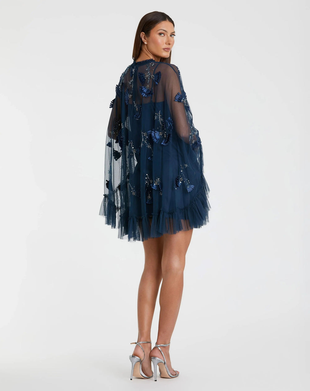 Navy Embellished Long Sleeve Trapeze Dress with Ruffle Hem - FOSTANI.com