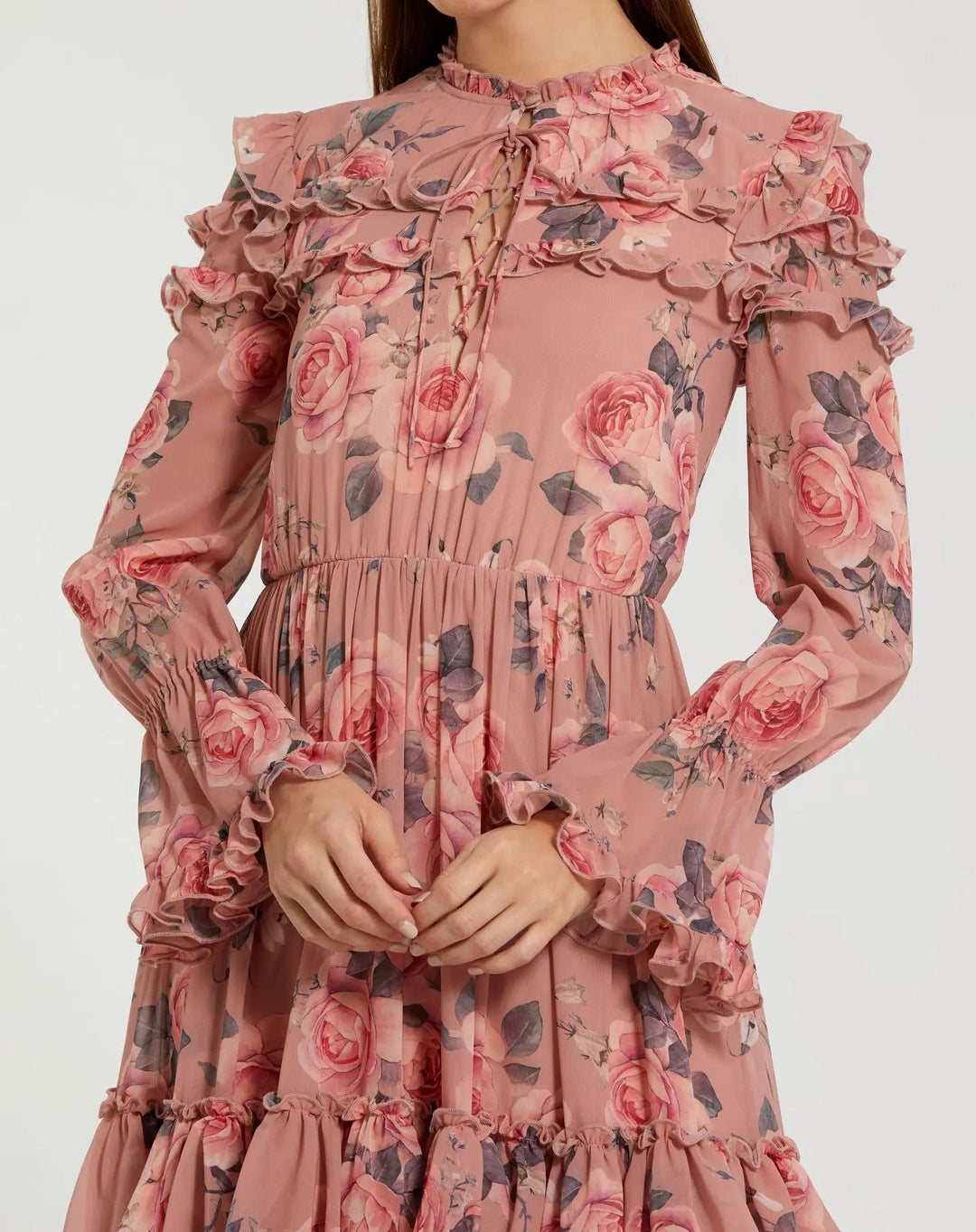Mac Duggal 9306 Pink Long Sleeve Lace Up Front Tiered Ruffle Dress