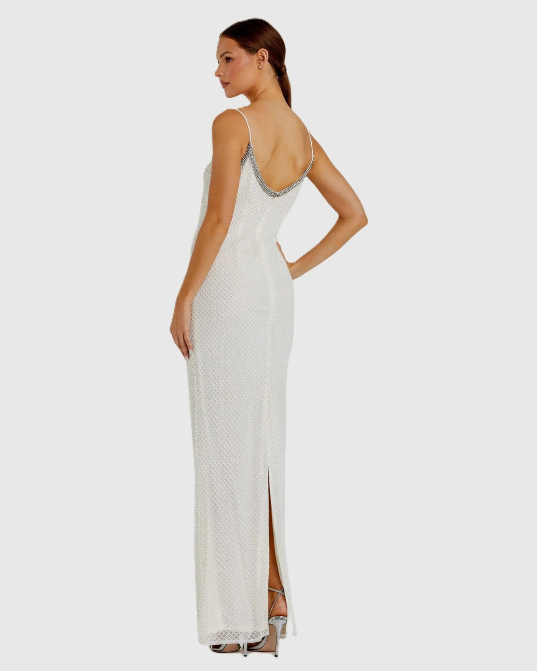 Mac Duggal 93551 White Beaded Spaghetti Strap Column Gown