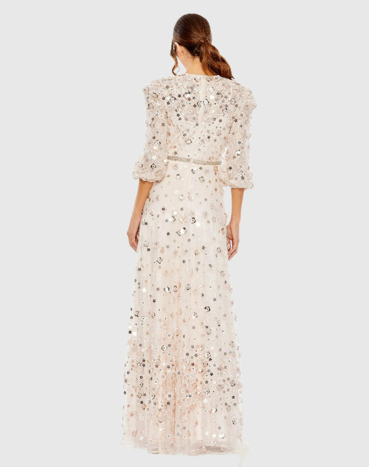 Mac Duggal 93805 Floral Applique Puff Sleeve High Neck A-Line Gown