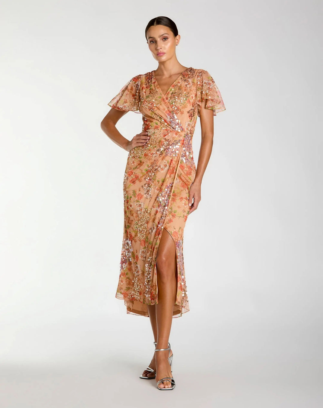 Orange Embellished Floral Flutter Sleeve Midi Dress - FOSTANI.com